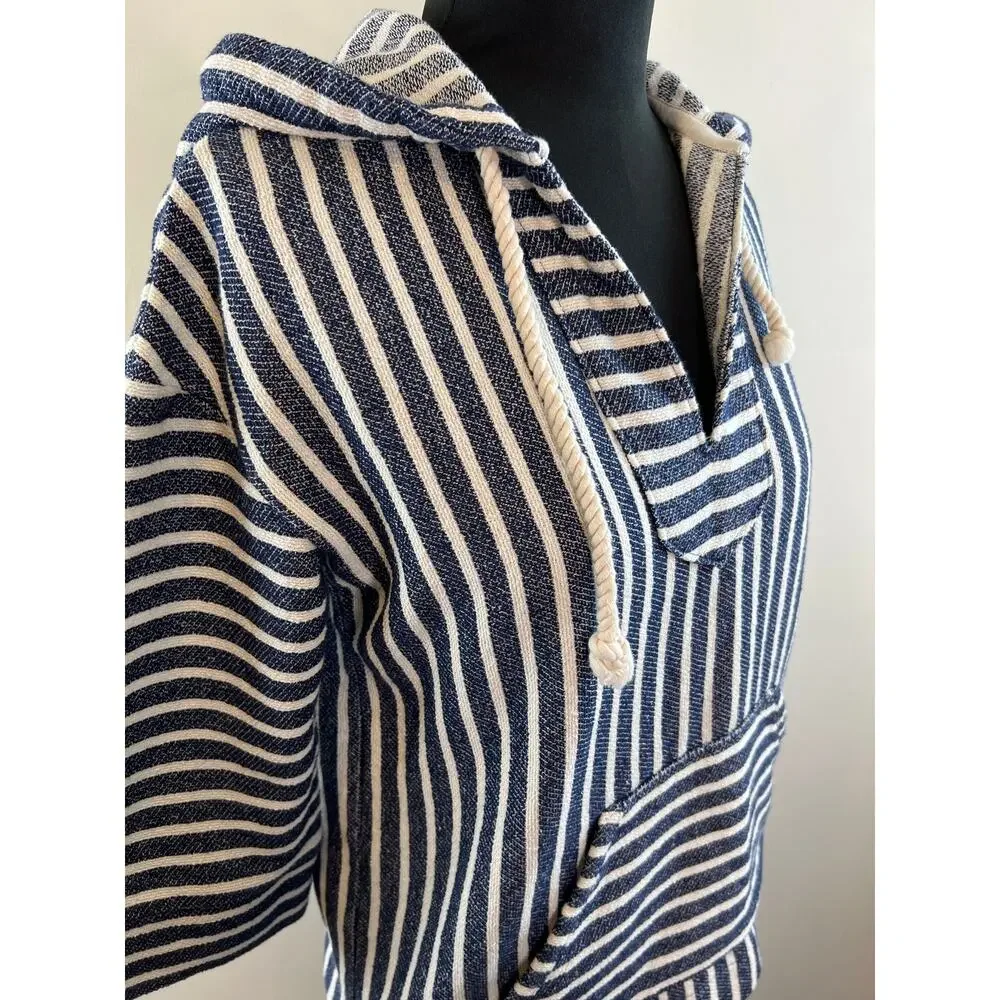 J Crew Baja Blue White Striped Terry Cotton Drawstring Hoodie Sweater B8539 XXS